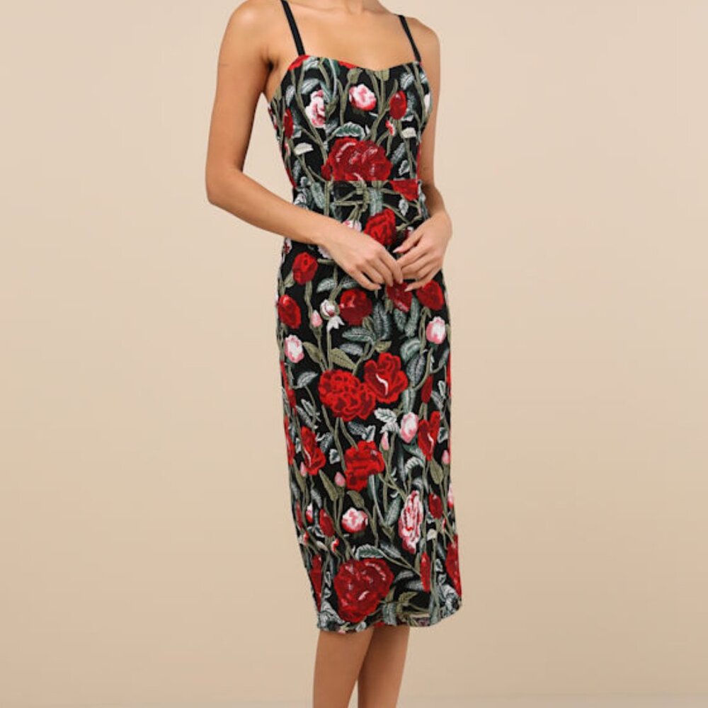 Lulus Notorious Refinement Black Multi Embroidered Lace-up Midi Dress - Size L